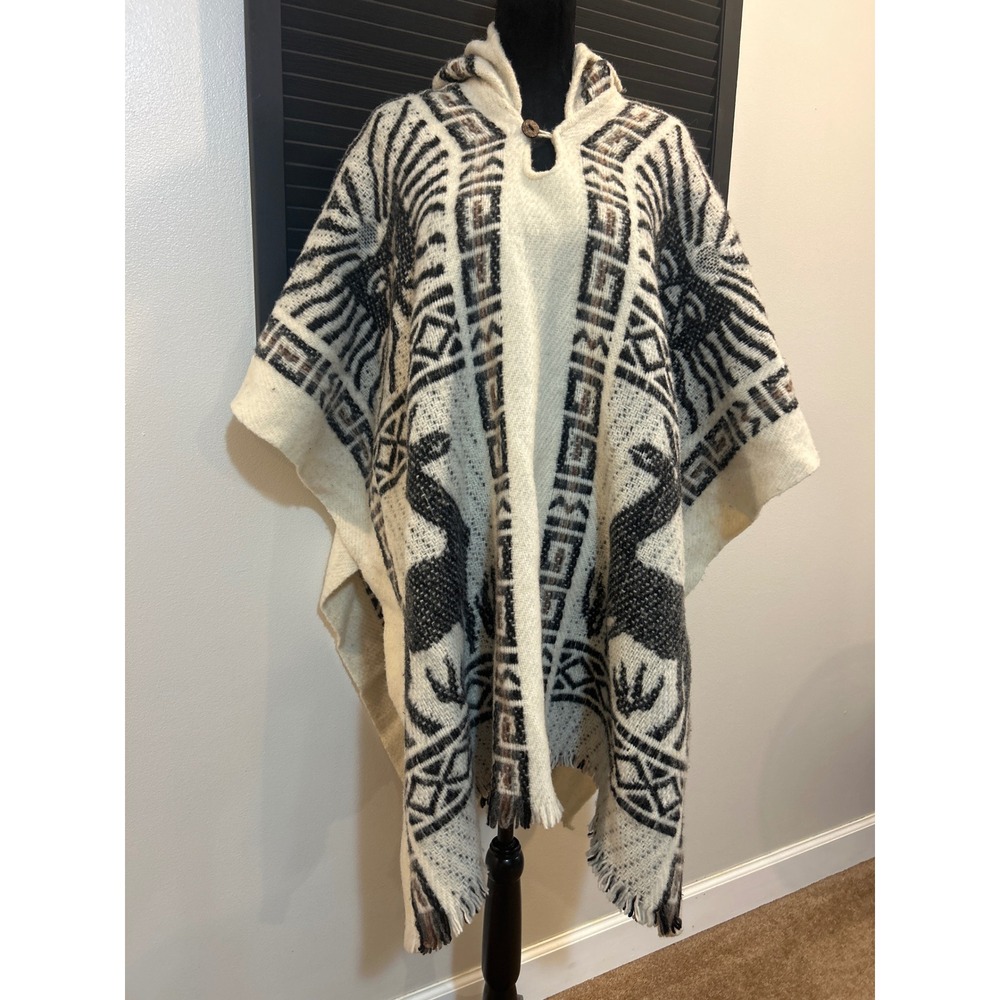Hooded Llama Sun Poncho Cream Charcoal Tribal Andean Fringed Wrap One Size